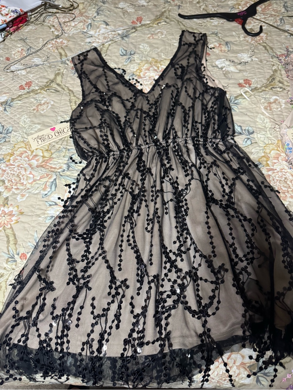 Embellished Black Sequin V-Neck Mini Dress